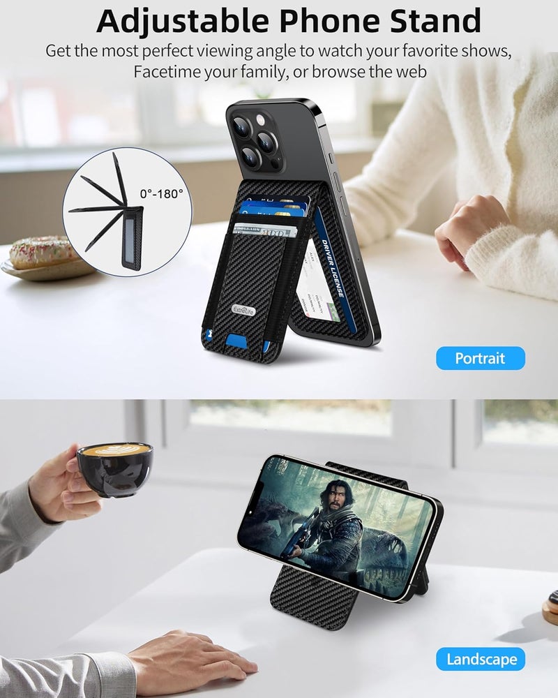 ExtreLife For Magsafe Wallet Stand, Strongest Magnetic Wallet for iPhone 17/16/15/14/13/12 Series, ID Window, 4 Card Slots, Fit 9 Cards, Vegan Leather, RFID Blocking, Black Carbon Fiber - Image 2